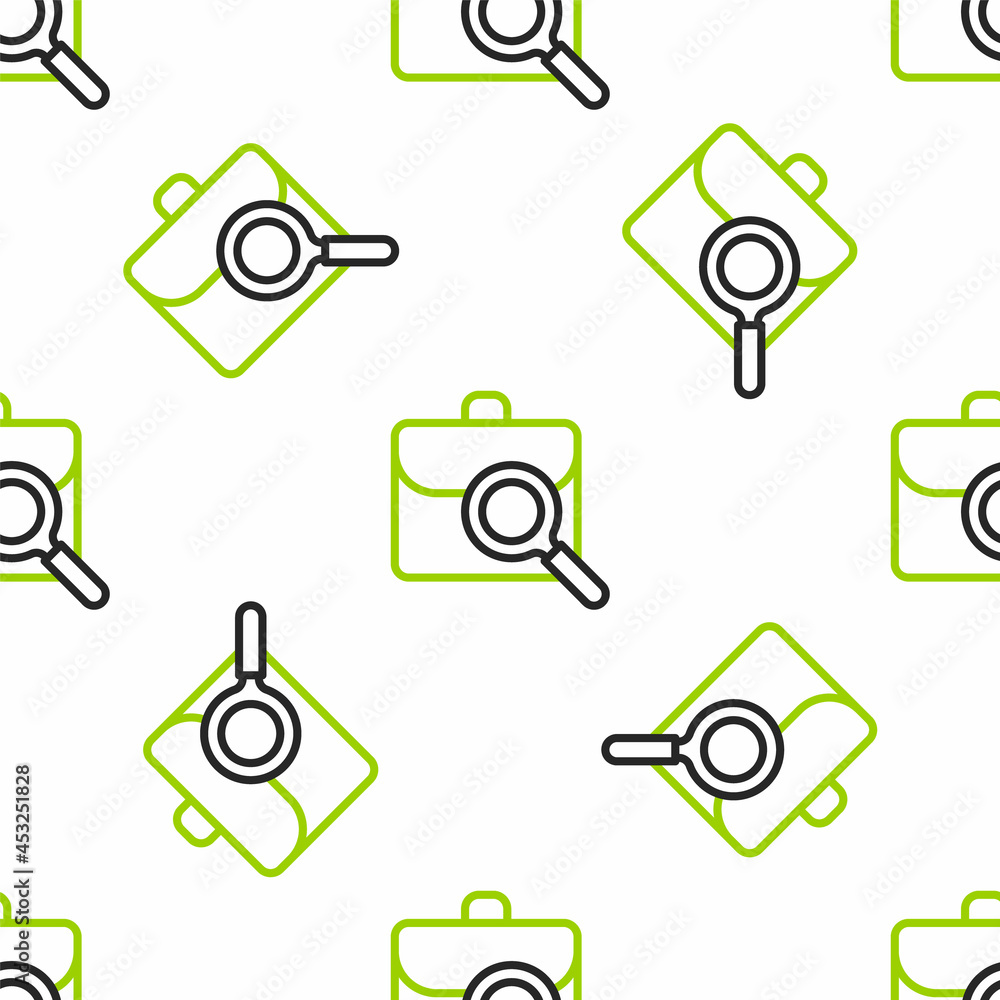 Line Magnifying glass with briefcase icon isolated seamless pattern on white background. Job hunting