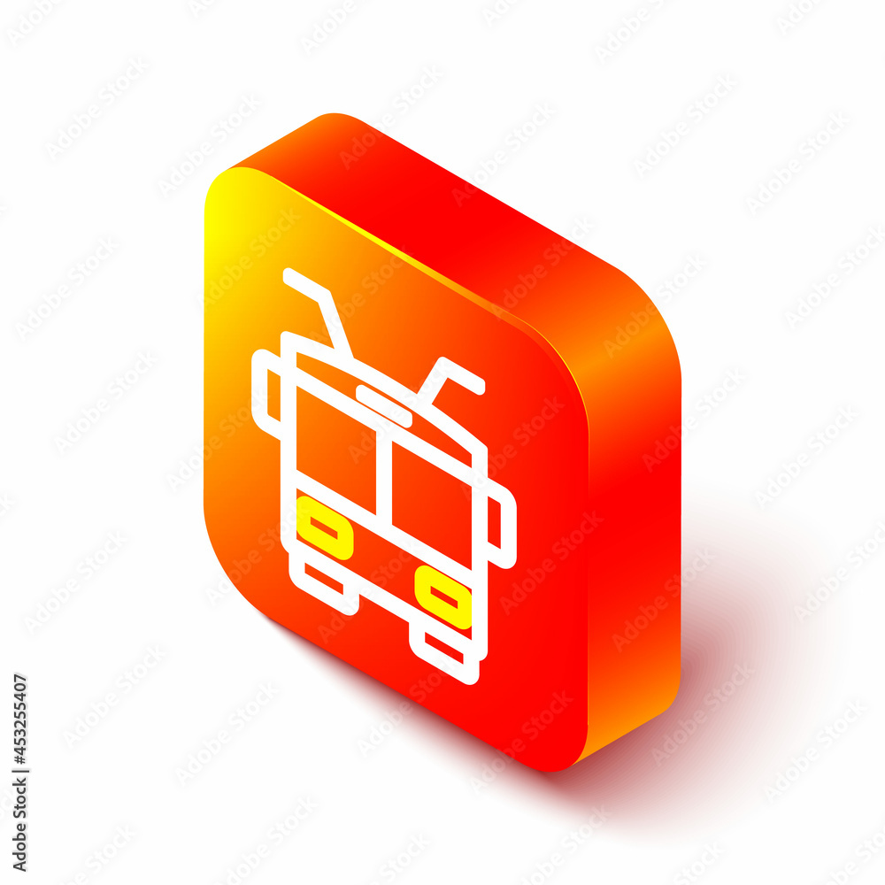 Isometric line Trolleybus icon isolated on white background. Public transportation symbol. Orange sq