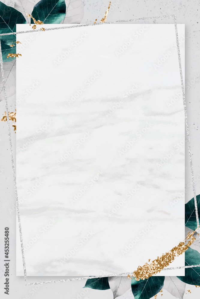 Rectangle silver frame with foliage on marble texture background vector