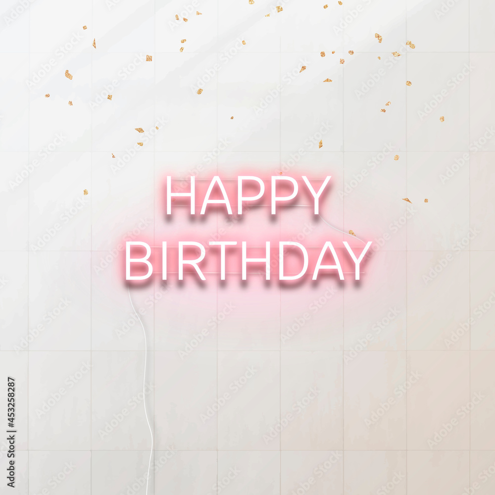 Pink neon happy birthday typography vector