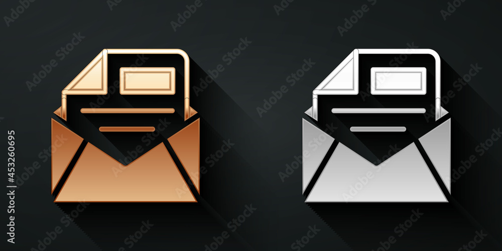 Gold and silver Mail and e-mail icon isolated on black background. Envelope symbol e-mail. Email mes