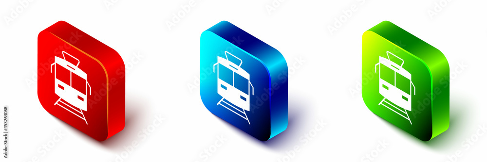 Isometric Tram and railway icon isolated on white background. Public transportation symbol. Red, blu