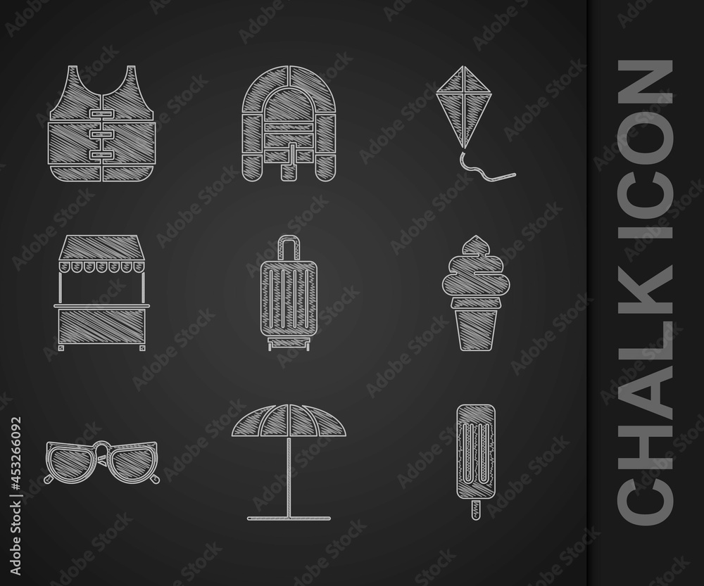 Set Suitcase, Sun protective umbrella for beach, Ice cream, in waffle cone, Glasses, Street stall wi