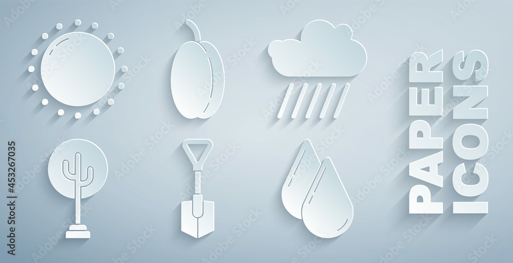 Set Shovel，Cloud with rain，Tree，Water drop，Plum fruit and Sun icon.Vector（设置铲子、带雨的云、树、水滴、李子和太阳图标。矢量）