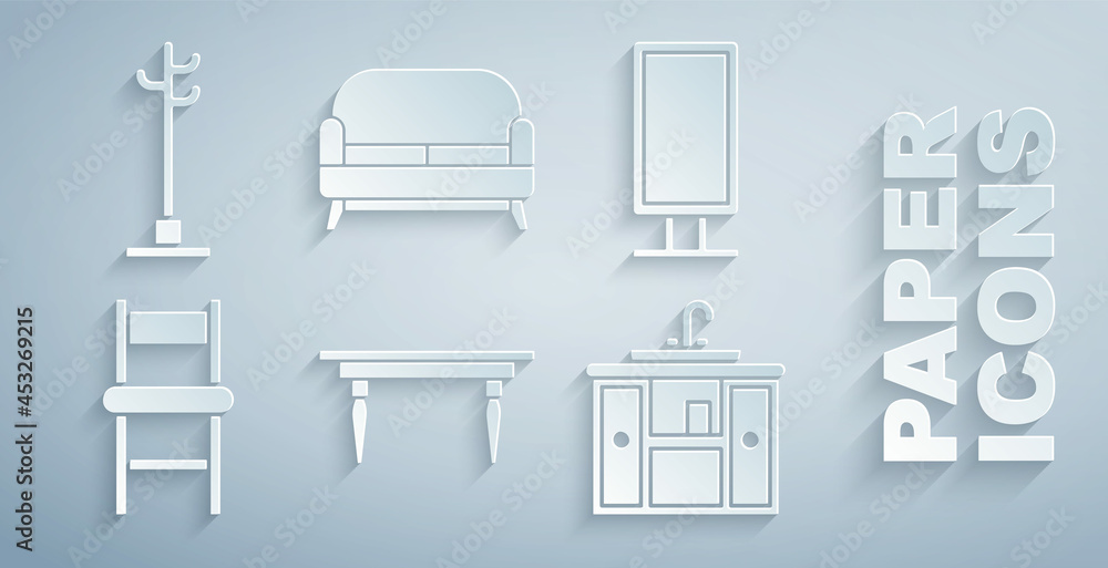 套装木桌、大镜子、椅子、带水龙头的洗手盆柜、沙发和衣帽架