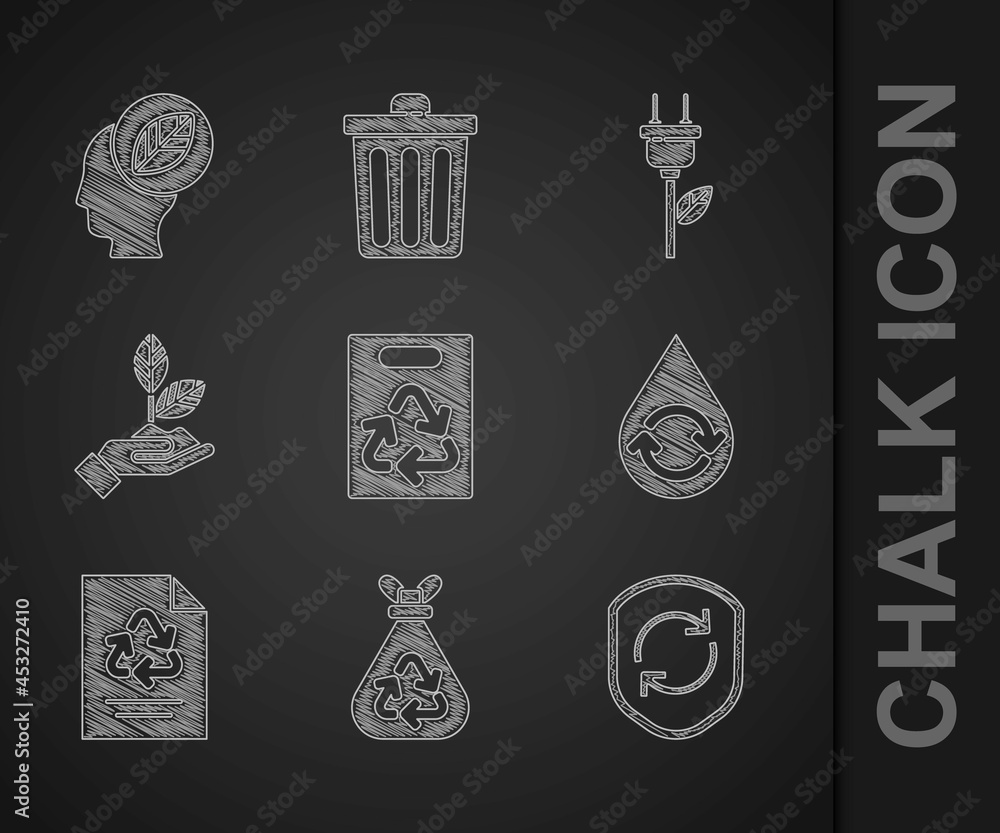 Set Paper bag with recycle, Garbage, Recycle symbol inside shield, clean aqua, Plant hand, Electric 