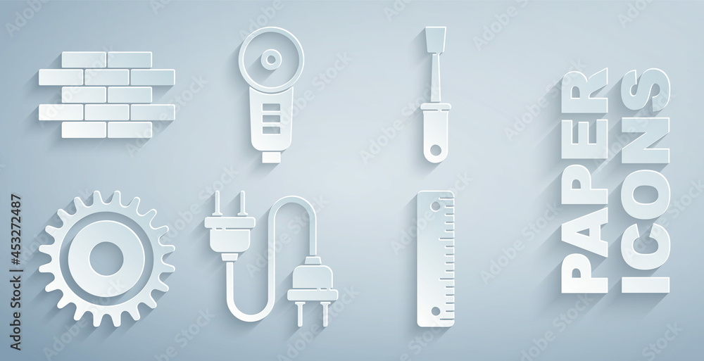 Set Electric plug, Screwdriver, Circular saw blade, Ruler, Angle grinder and Bricks icon. Vector