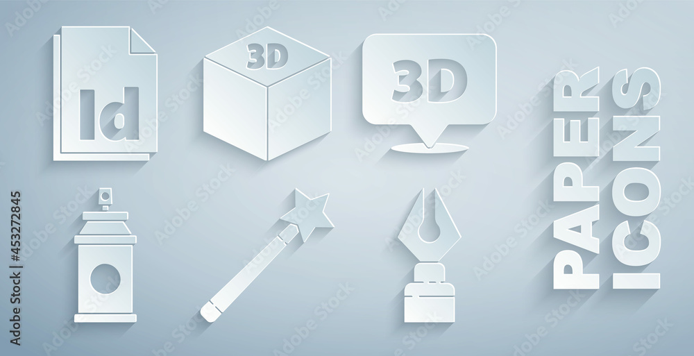 设置魔杖、带文本3D的语音气泡、喷漆罐、喷泉笔尖、等角立方体和ID