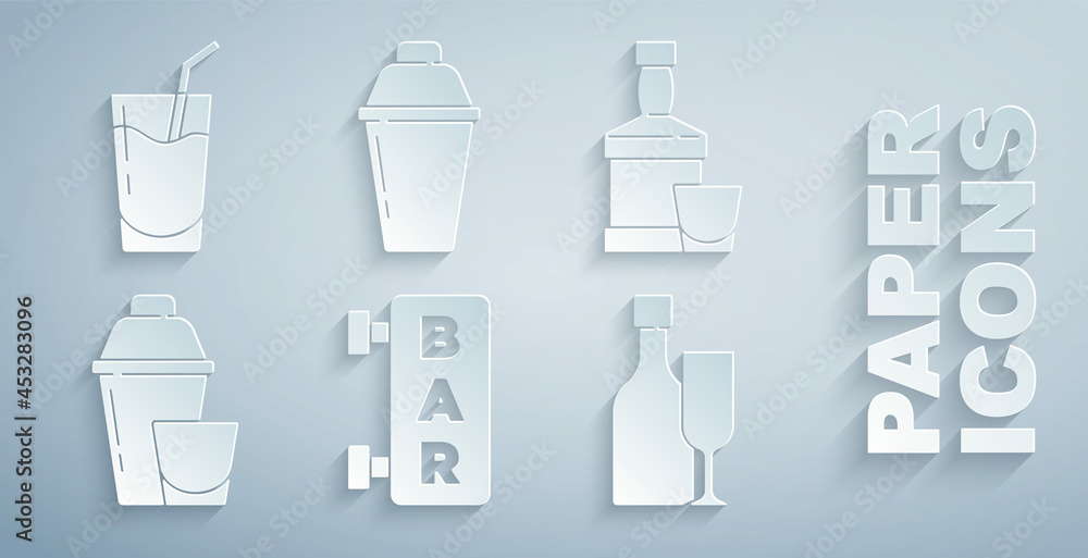 Set Street signboard with Bar, Whiskey bottle and glass, Cocktail shaker, Wine, and icon. Vector