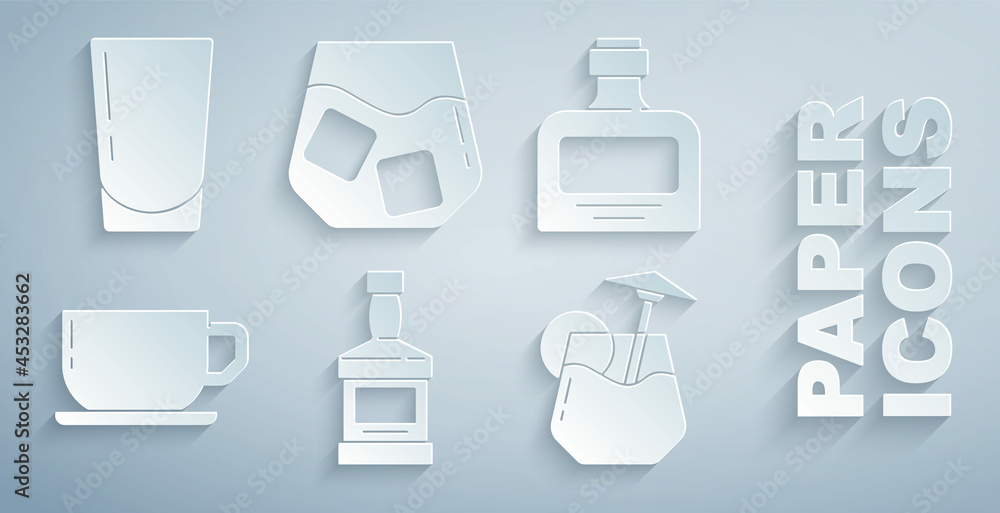 Set Whiskey bottle, Coffee cup, Cocktail, Glass whiskey and with water icon. Vector