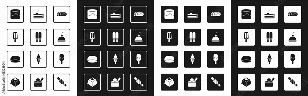 Set Chocolate roll cake, Ice cream, Cake, Cherry cheesecake, and Macaron cookie icon. Vector