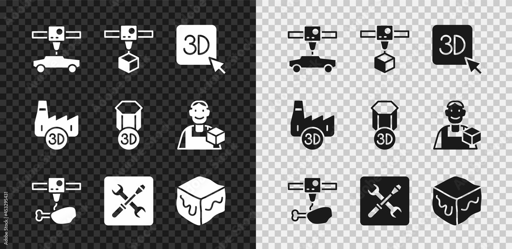 Set 3D printer car, cube, chicken leg, setting, Isometric, Printing house industry and icon. Vector