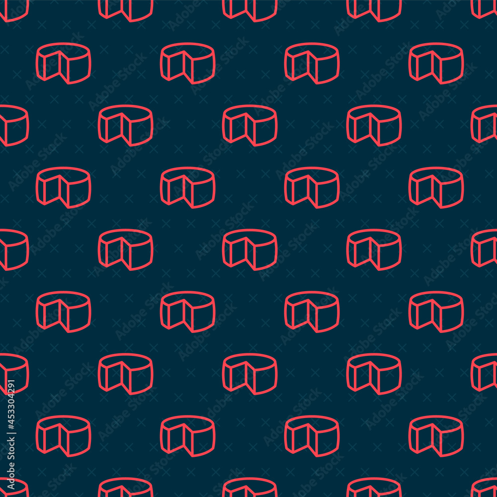 Red line Cheese icon isolated seamless pattern on black background. Vector