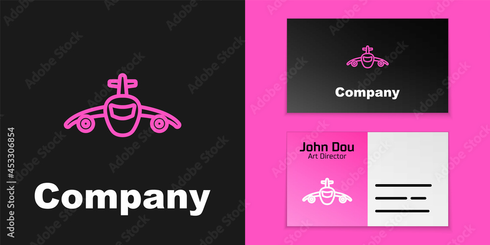 Pink line Plane icon isolated on black background. Flying airplane icon. Airliner sign. Logo design 