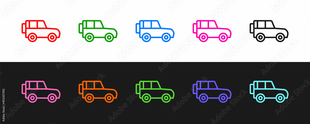 Set line Off road car icon isolated on black and white background. Vector