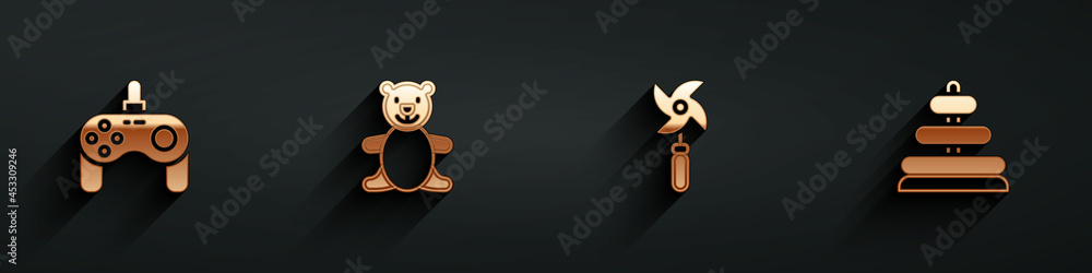 Set Gamepad, Teddy bear plush toy, Pinwheel and Pyramid icon with long shadow. Vector