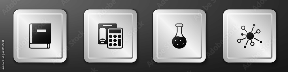 Set Science book, Calculator, Test tube and Molecule icon. Silver square button. Vector