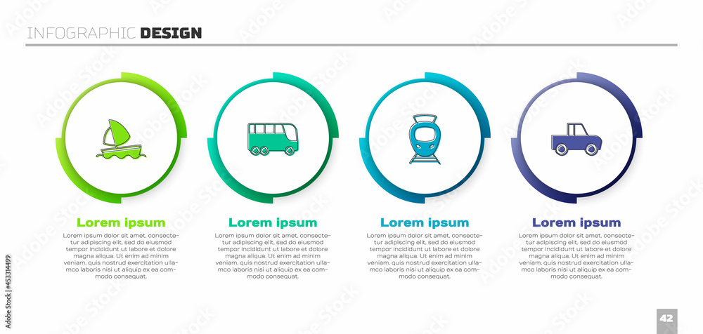 设置帆船、公共汽车、有轨电车、铁路和皮卡。商业信息图模板。矢量