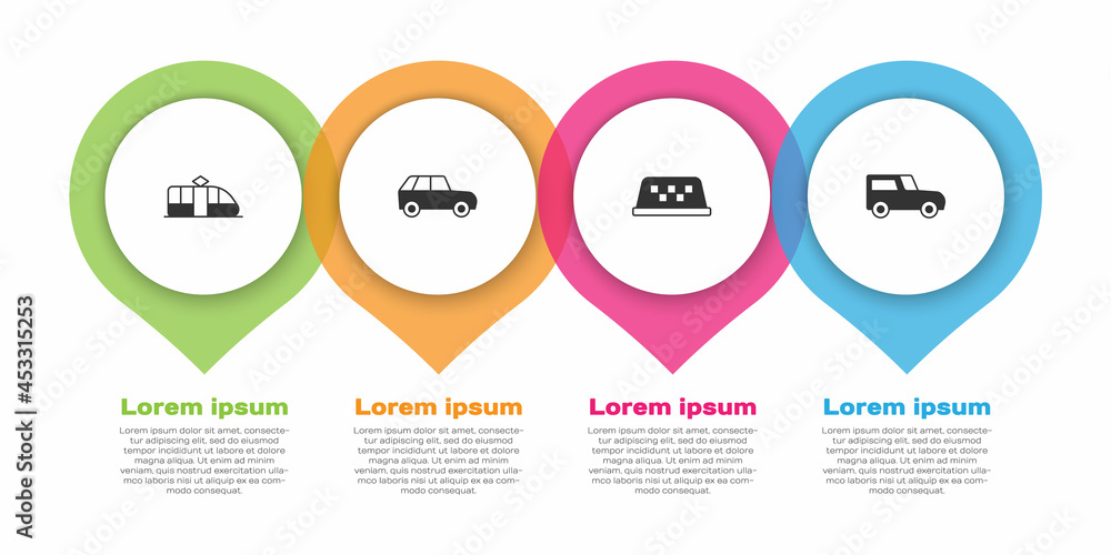 设置有轨电车和铁路、汽车、出租车车顶和。商业信息图模板。Vector