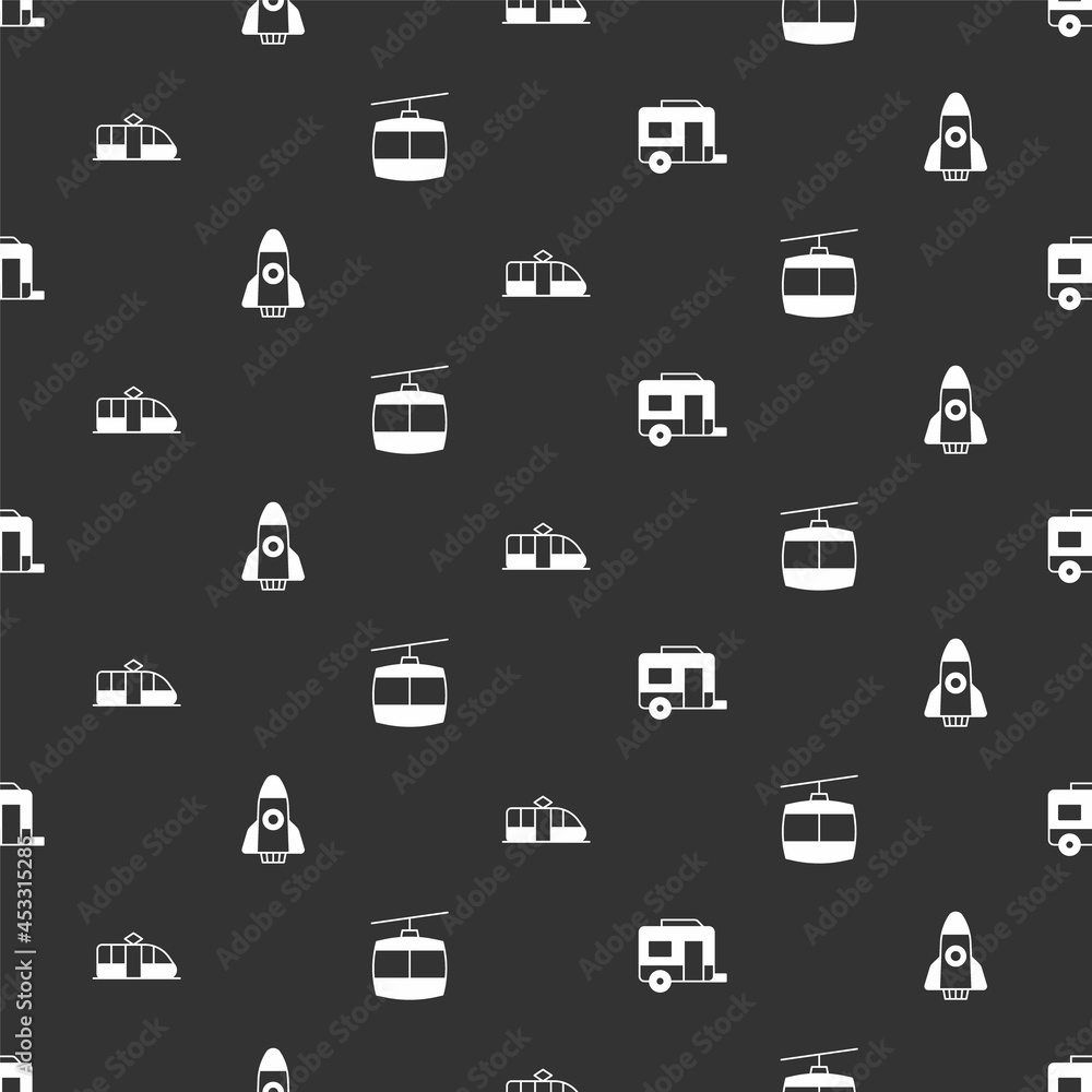 Set Rv Camping trailer, Rocket ship, Tram and railway and Cable car on seamless pattern. Vector