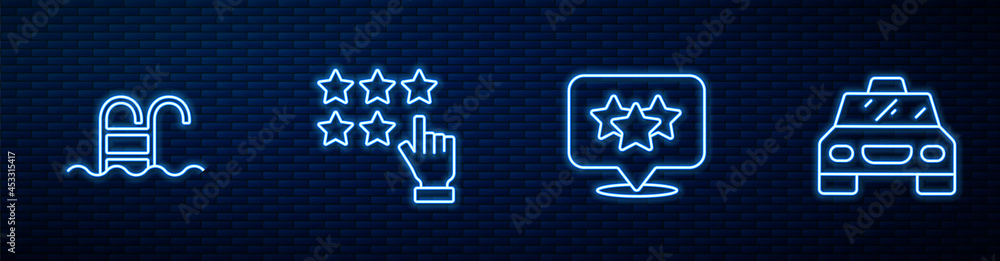 Set line Stars rating, Swimming pool, and Taxi car. Glowing neon icon on brick wall. Vector