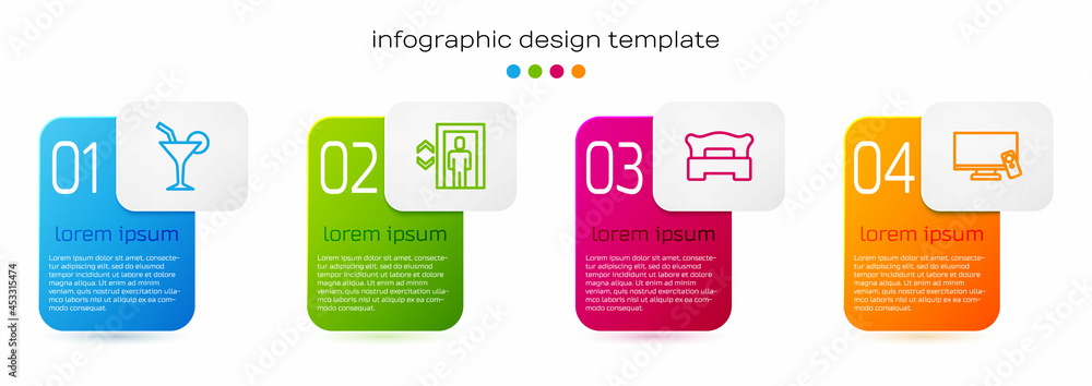 设置线鸡尾酒、电梯、卧室和智能电视。商业信息图模板。矢量
