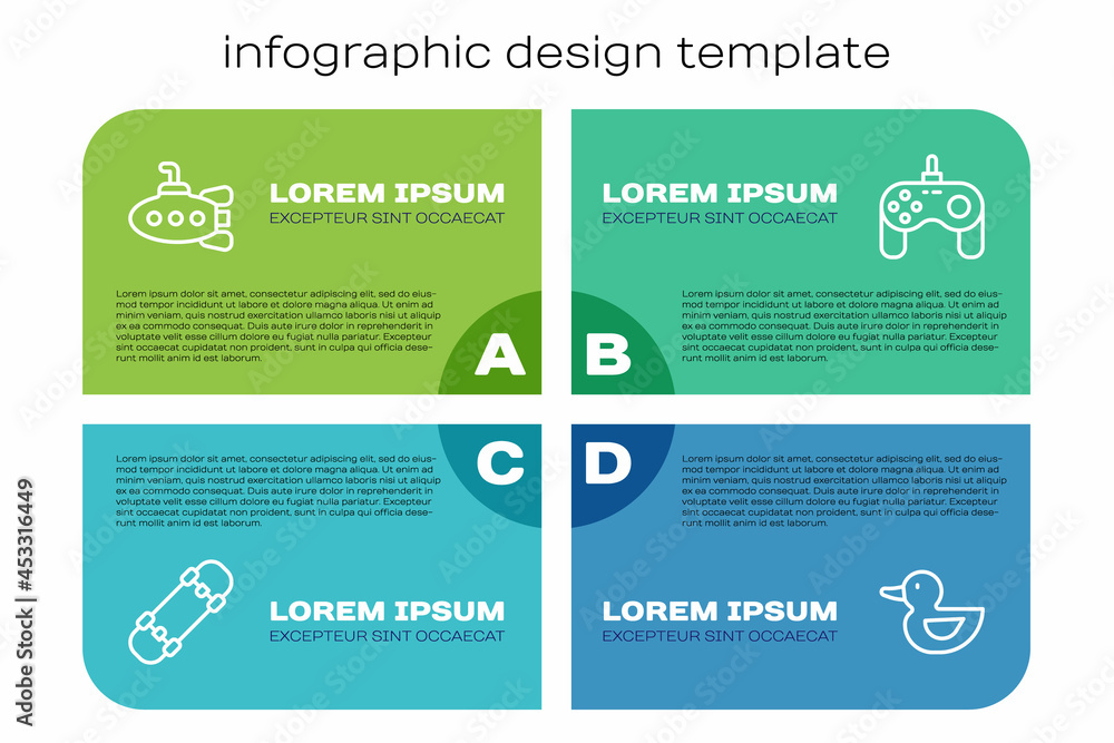 套装滑板，潜水艇玩具，橡皮鸭和游戏板。商业信息图模板。矢量