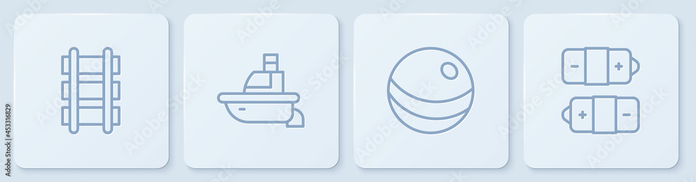 设置线路玩具铁路，沙滩球，船和电池。白色方形按钮。矢量