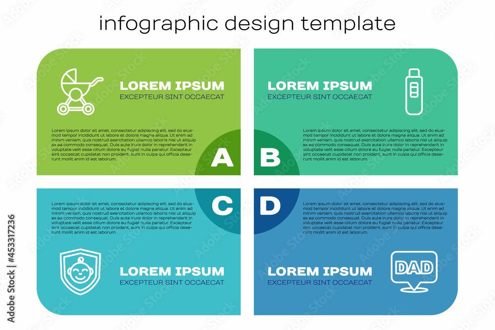设置婴儿防护罩、婴儿车、语音奶爸和妊娠测试。商业信息图templa