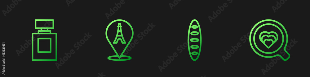 法国法棍面包、香水、埃菲尔铁塔和咖啡杯。渐变色图标。矢量