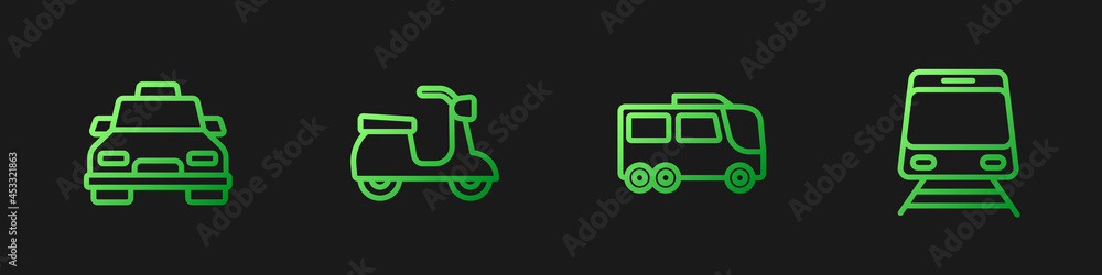 设置线路公交车、出租车、滑板车、火车和铁路。渐变色图标。矢量