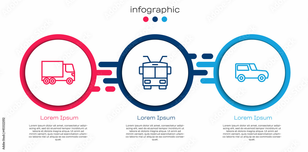 集线货运卡车、无轨电车和汽车。商业信息图模板。Vector