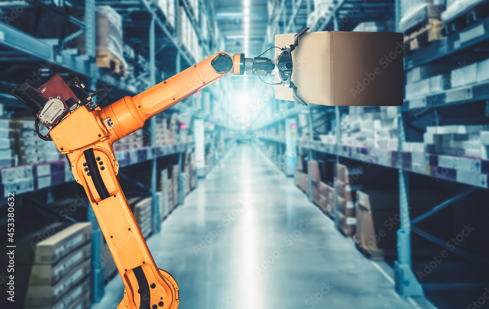 Smart robot arm system for innovative warehouse and factory digital technology . Automation manufact