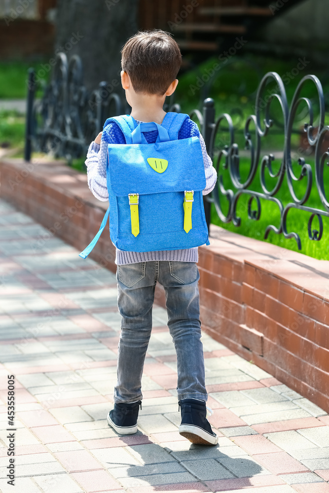 Little schoolboy with backpack outdoors