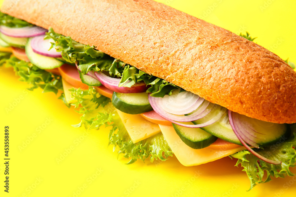 Tasty sandwich on color background, closeup