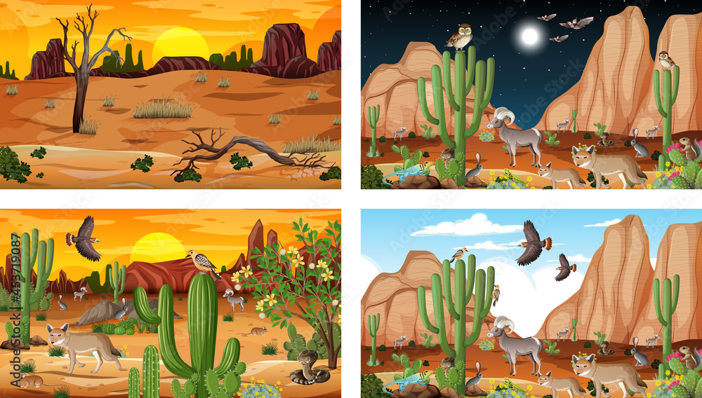 Different scenes with desert forest landscape with animals and plants