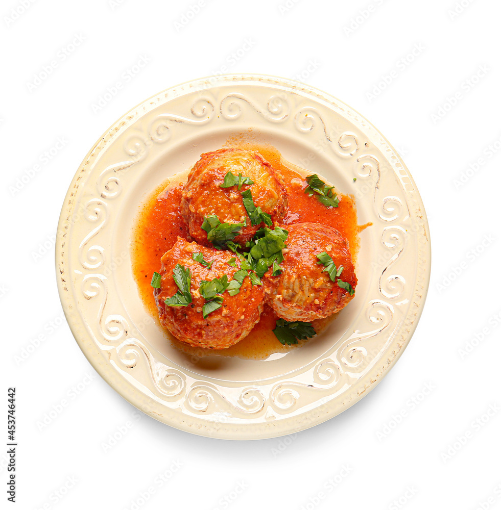 Plate with delicious meatballs and melted cheese on white background