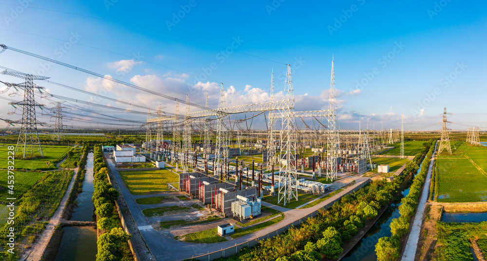 Aerial view of a high voltage substation.