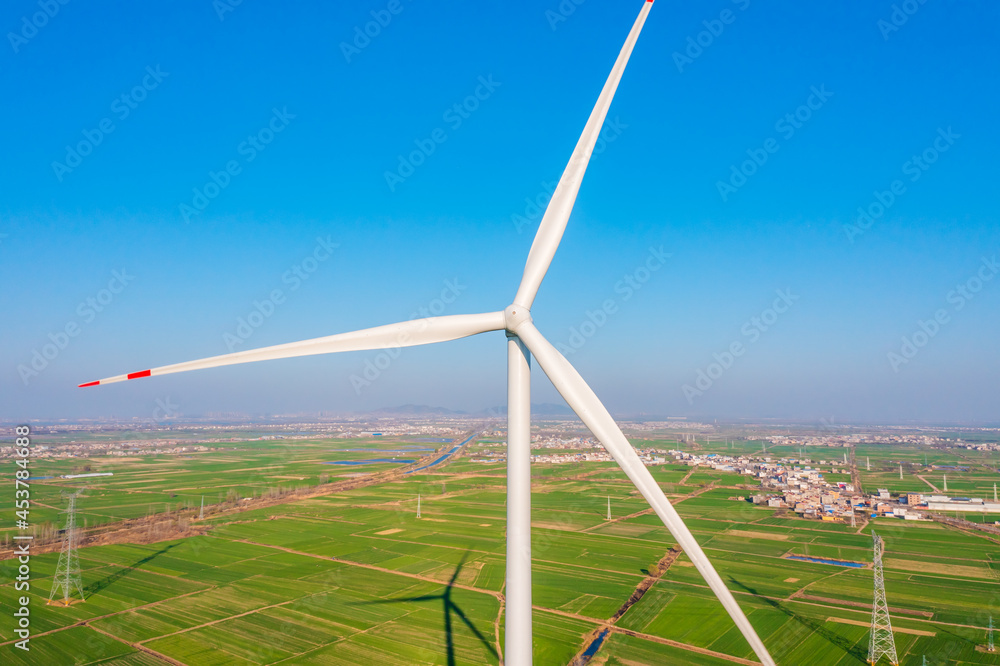 Aerial view of wind power in the Chinese countryside.