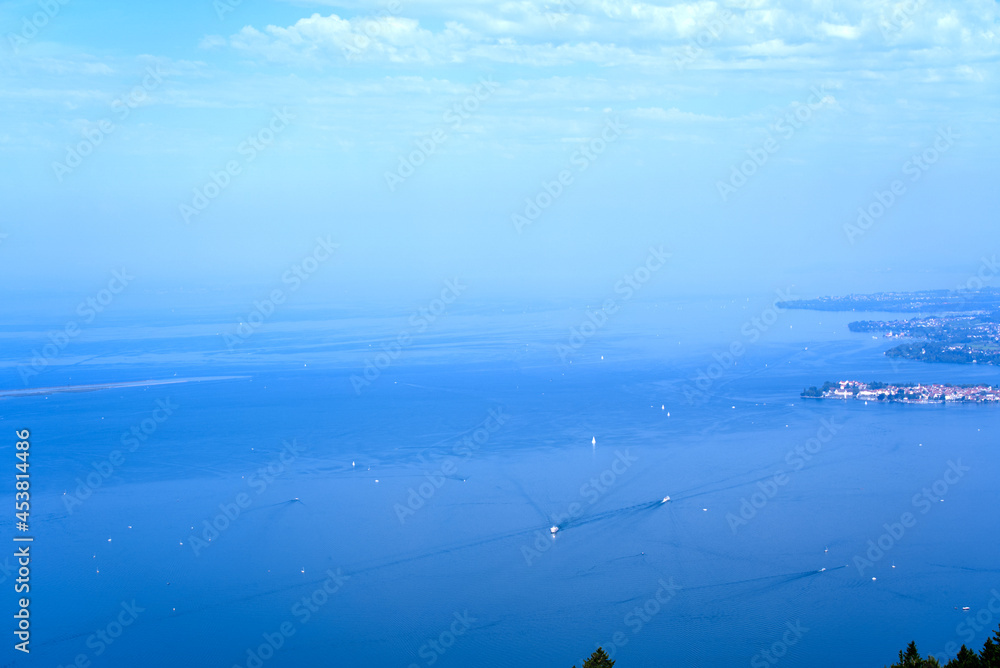 Aerial view of Lake Bodensee with peninsula Lindau (Germany) seen from local mountain Pfänder. Photo