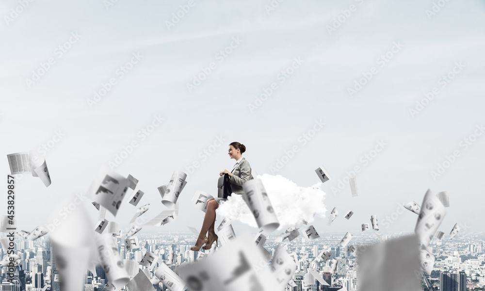 Woman float above city on cloud and papers flying around