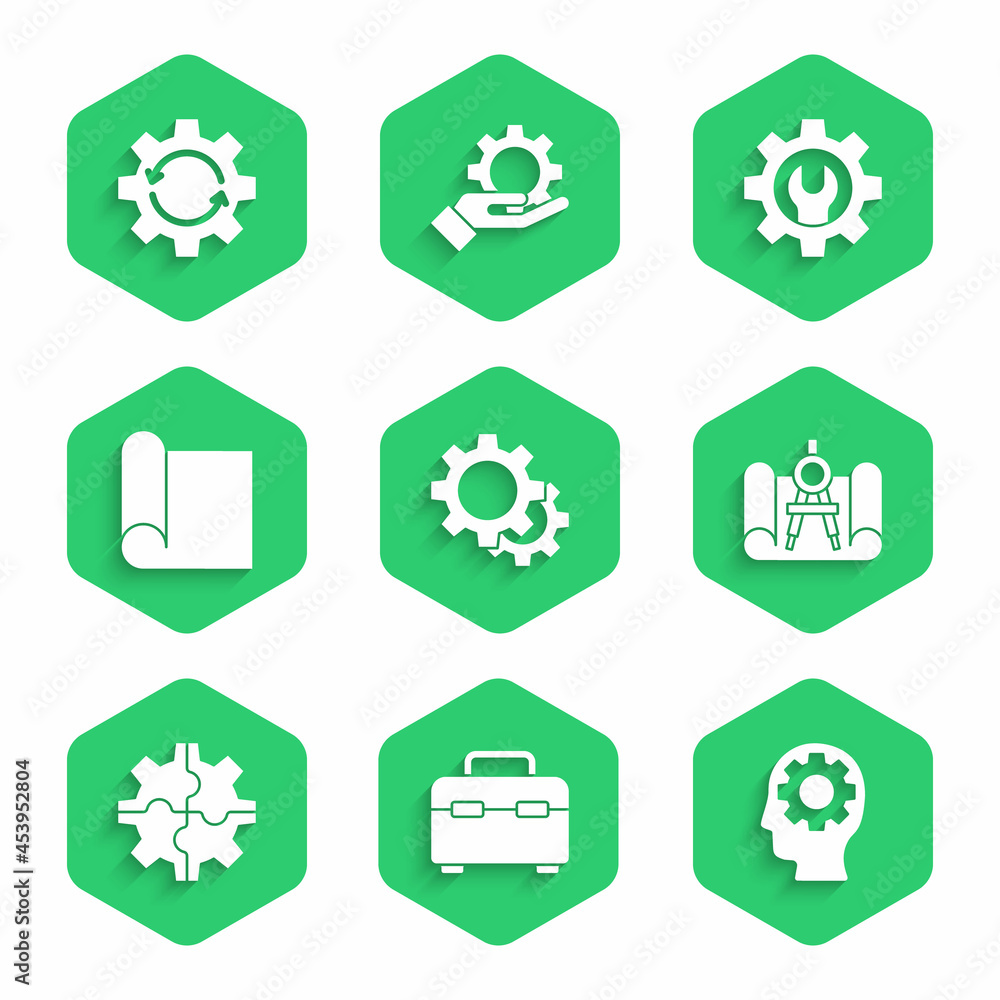 Set Gear, Toolbox, Human head with gear inside, Graphing paper and compass, for engineering, Wrench 