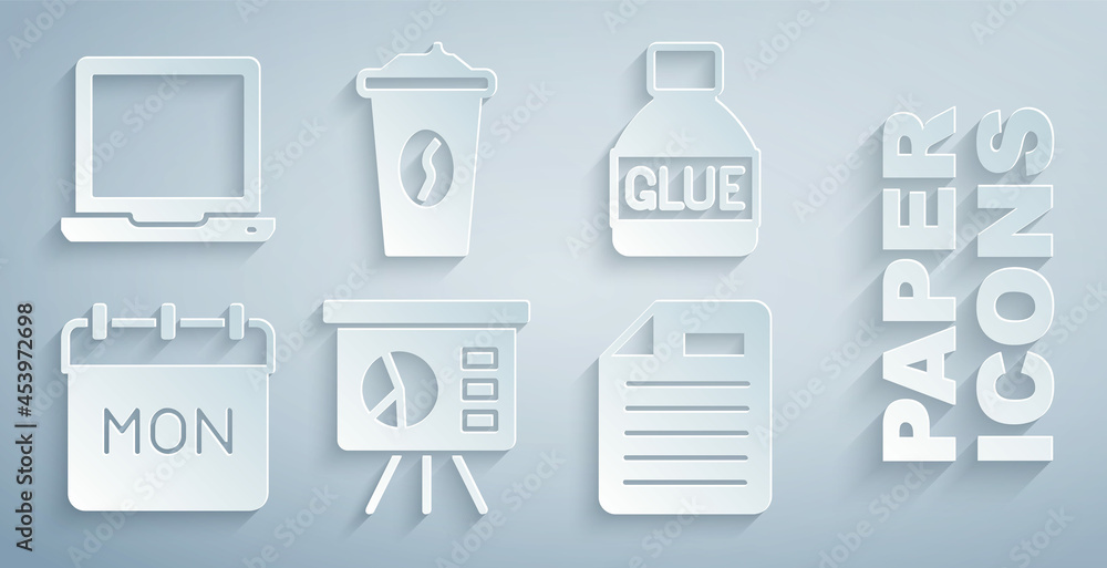 Set Board with graph, Glue, Calendar, File document, Coffee cup to go and Laptop icon. Vector