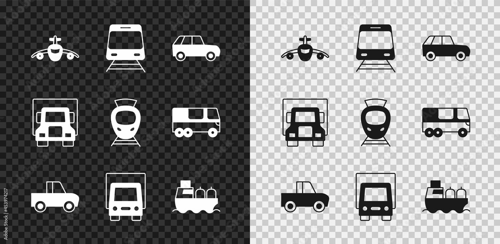 设置飞机、火车和铁路、汽车、皮卡、送货、油轮和有轨电车图标。Vec