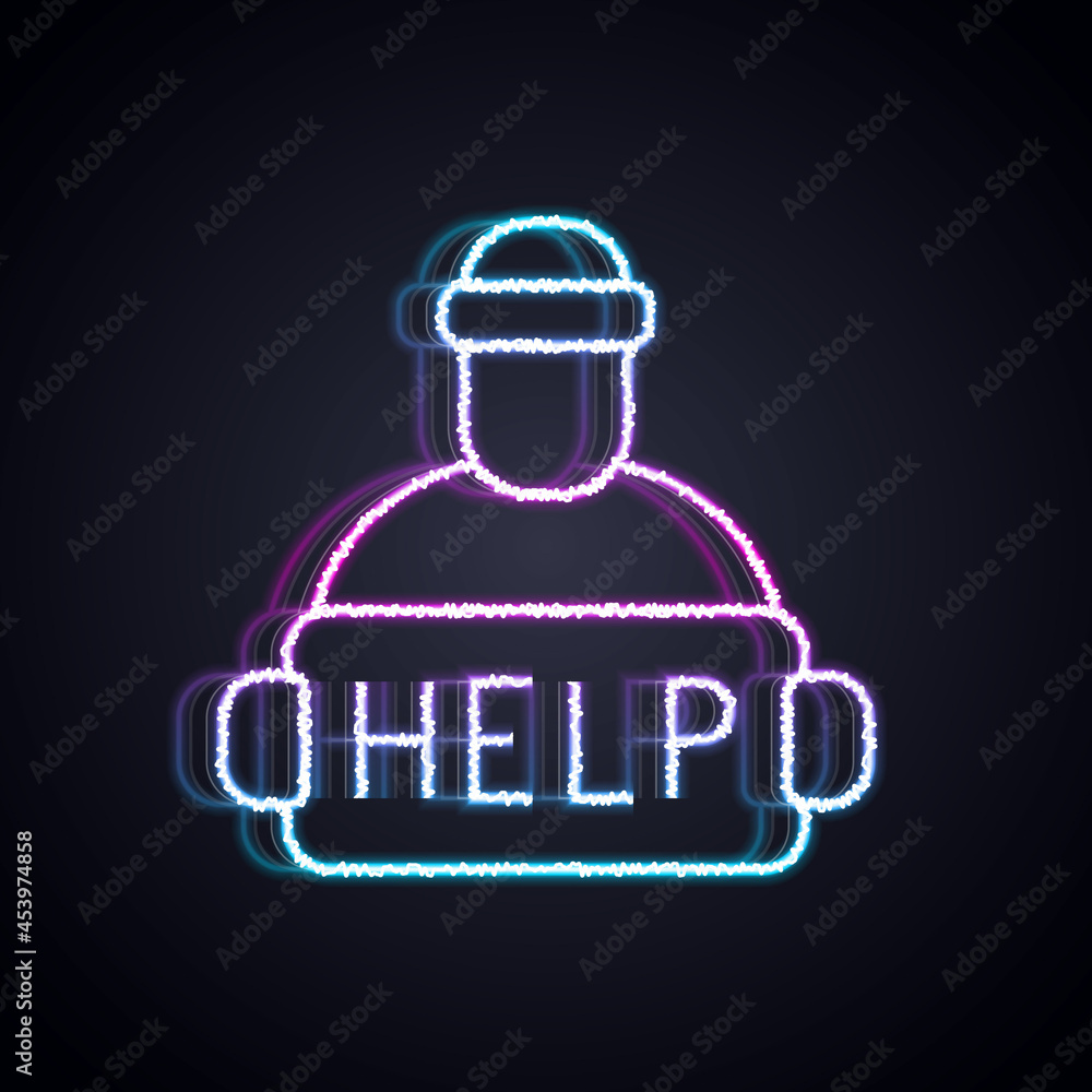 Glowing neon line Man with cardboard on the city street is asking for help icon isolated on black ba