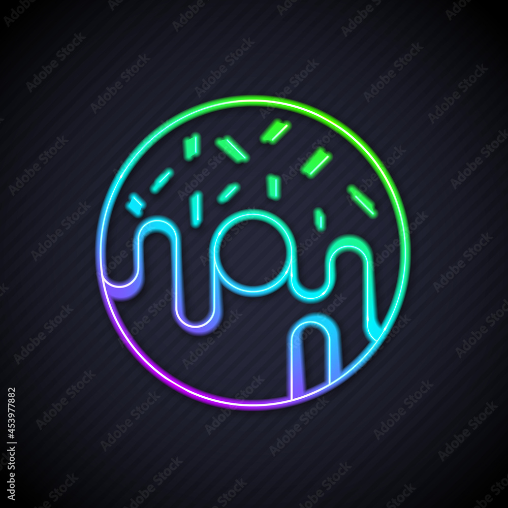 Glowing neon line Donut with sweet glaze icon isolated on black background. Vector