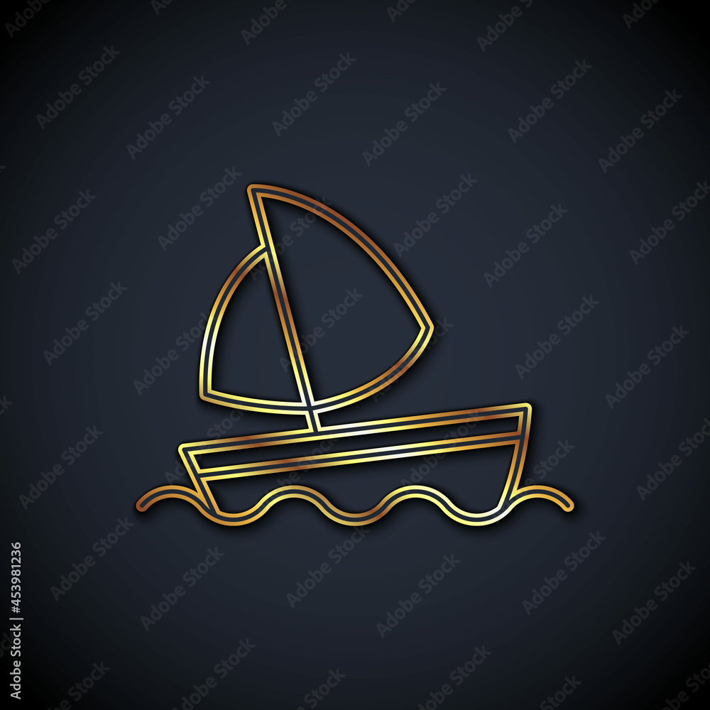 Gold line Yacht sailboat or sailing ship icon isolated on black background. Sail boat marine cruise 