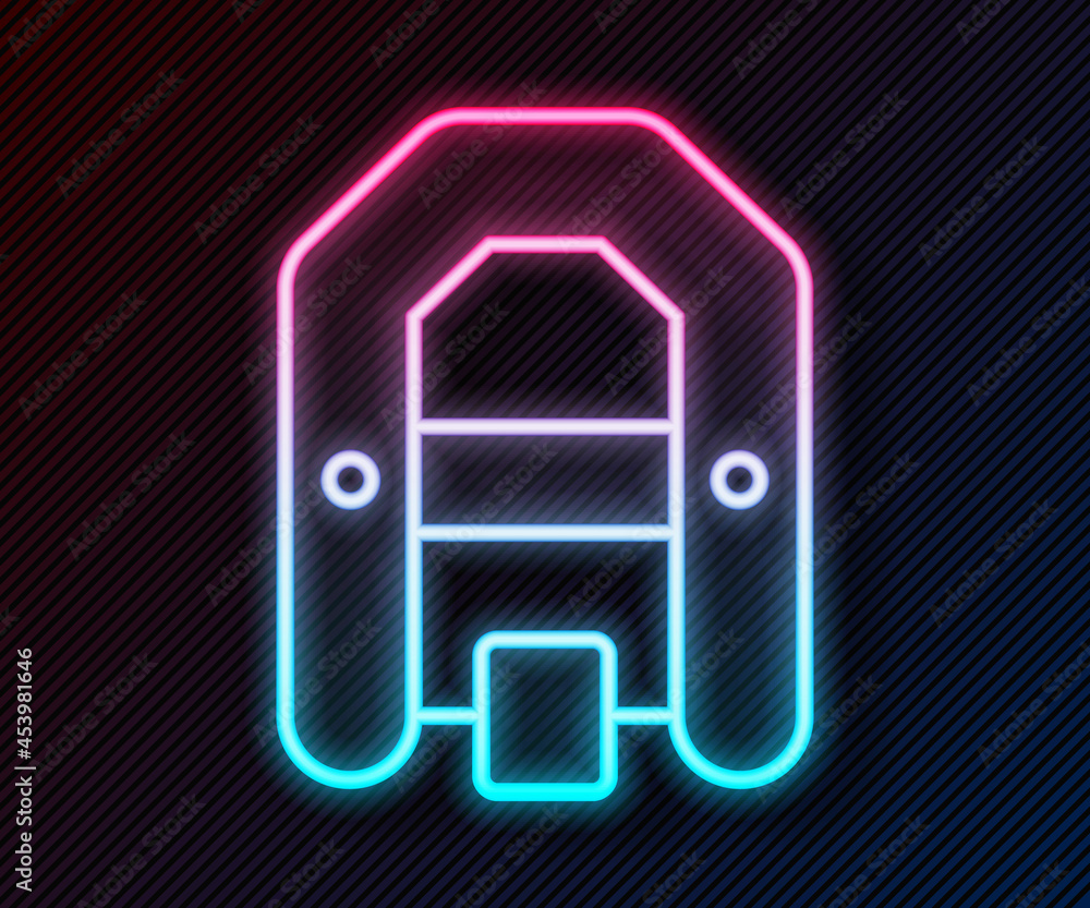 Glowing neon line Rafting boat icon isolated on black background. Inflatable boat with paddles. Wate