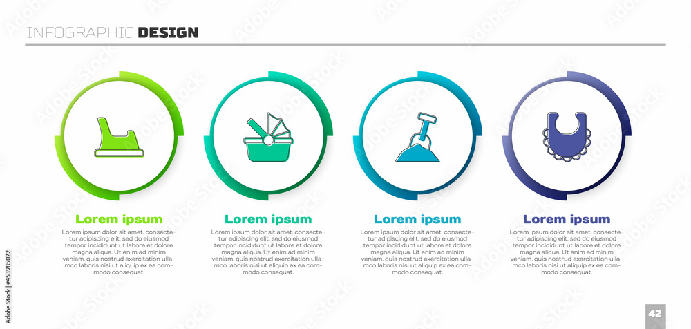 设置婴儿便盆、婴儿车、带沙子的沙盒、铲子和围兜。商业信息图模板。Vecto