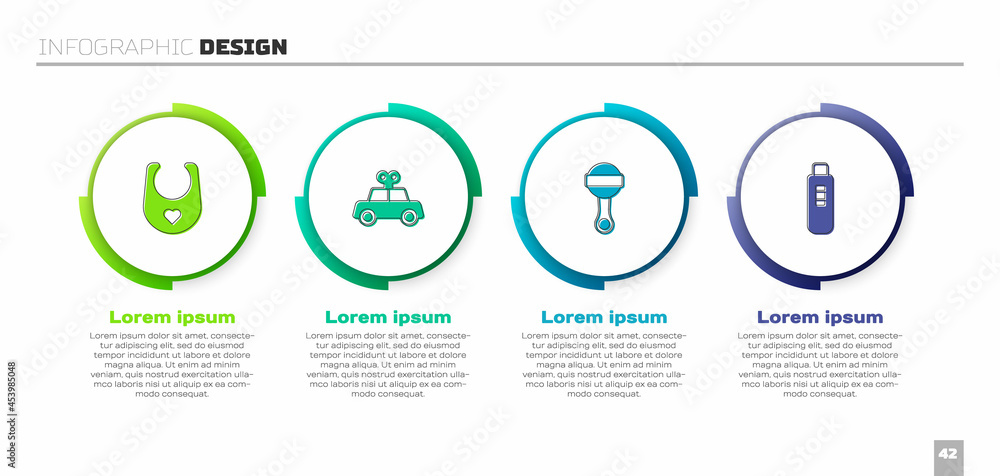 套装婴儿围兜、玩具车、响尾婴儿玩具和妊娠测试。商业信息图模板。矢量